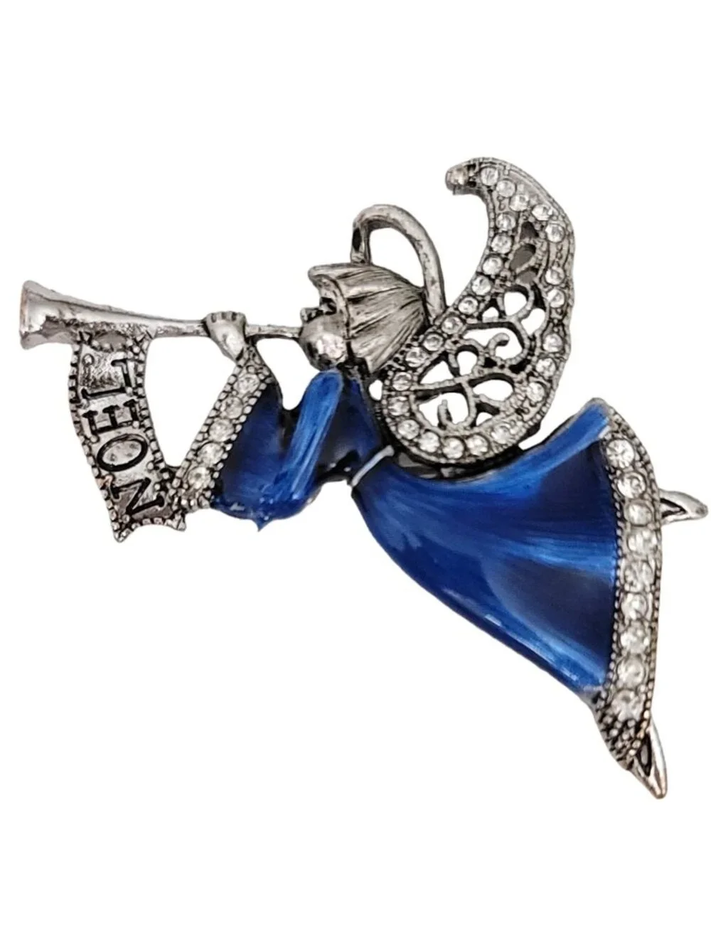 Silver Tone Blue Enamel Clear Rhinestone Angel Blowing Horn Brooch